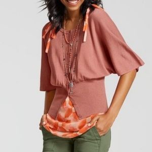 CABI Brick Dust & Peach Pinwheel Print Top